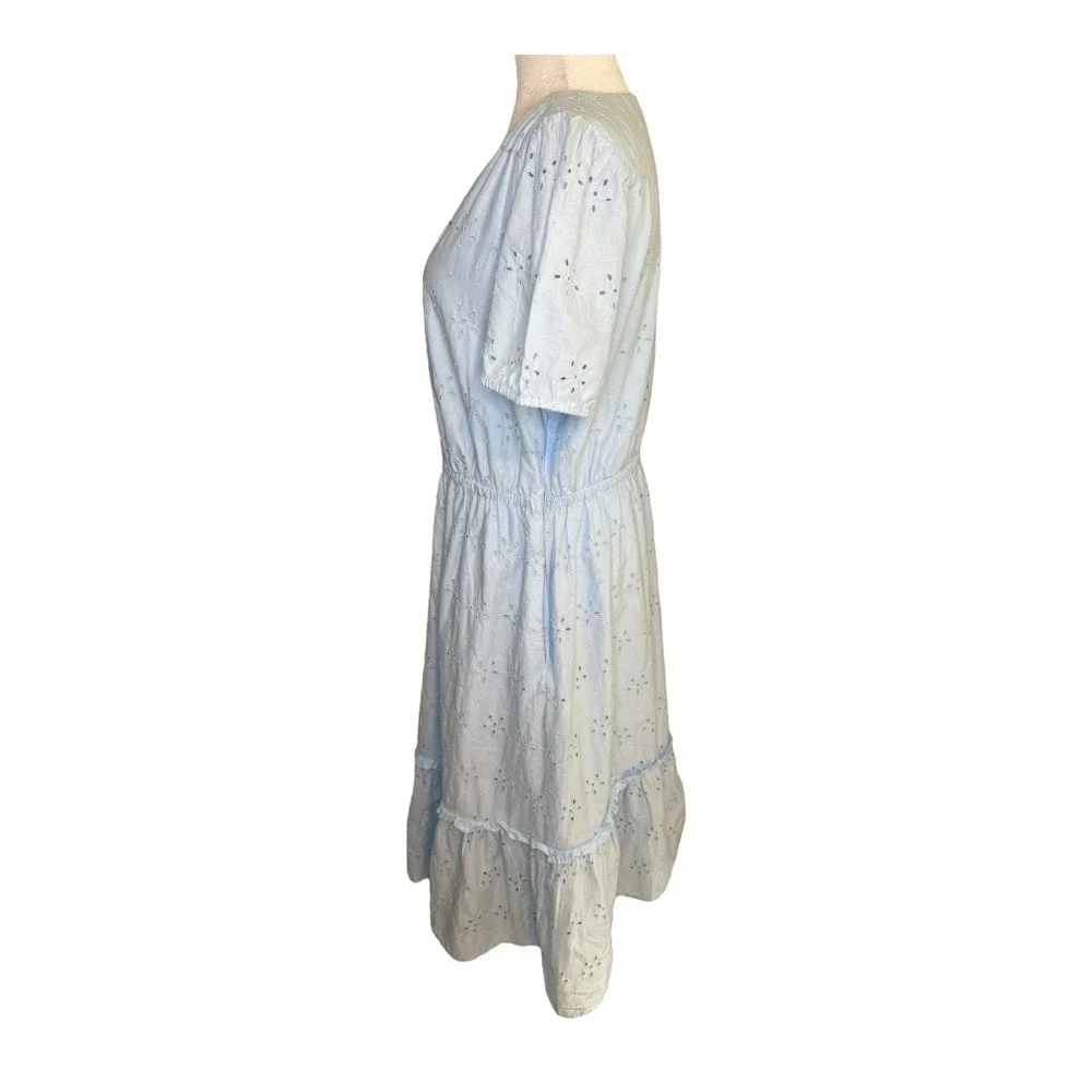 J. Crew Eyelet‎ Dress Cotton Puff Sleeve Tiered Light Blue Size 12 Petite